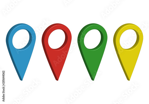 Marcadores de mapa de color azul, rojo, verde y amarillo. photo