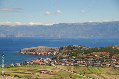 Village of Lin on the shores of Lake Ohrid. UNESCO World Heritage site. Nature and travel. Albania, Korce County, close to the border with Macedonia