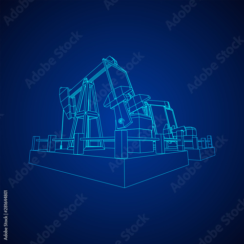 Oil well rig jack. Finance economy polygonal petrol production. Petroleum fuel industry pumpjack derricks pumping drilling. Wireframe low poly mesh vector illustration