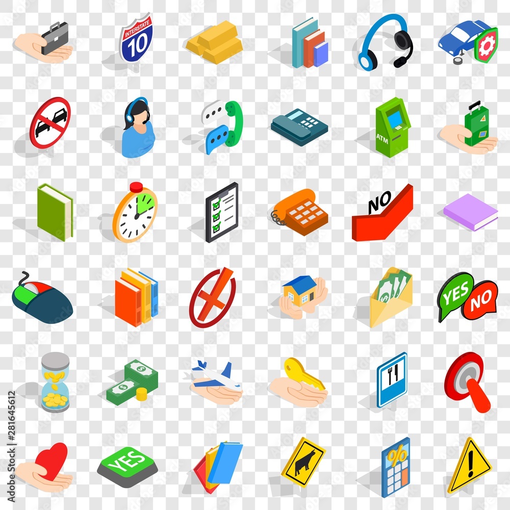 Help icons set. Isometric style of 36 help vector icons for web for any design Help icons set. Isometric style of 36 help vector icons for web for any design