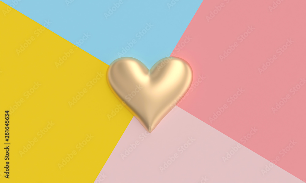 gold heart on a background of differently colored sectors in flat lay style.