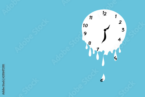 Melting clock flat design vector illustration on green background.