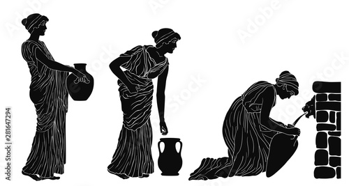 An ancient Greek woman sits near a stone parapet fills water in a jug. Two women are standing in line. Vector image isolated on white background.