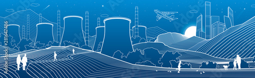 Outline industry illustration panoramic. Night city scene. People walking at garden. Power Plant in mountains. White lines on blue background. Vector design art