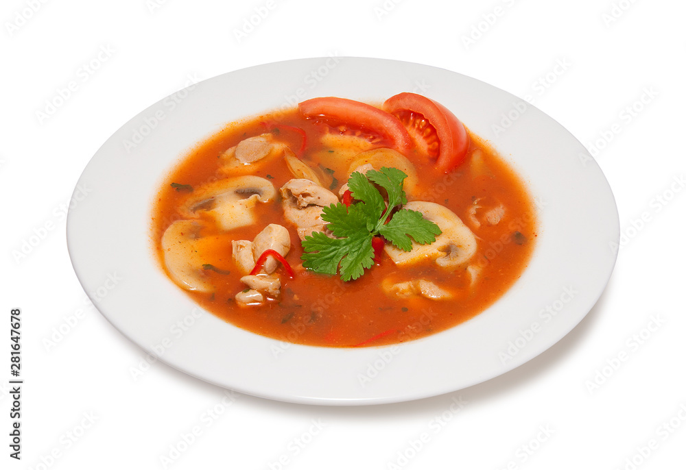 chicken soup with mushrooms tomatoes and bell peppers isolated on white background chicken soup with mushrooms tomatoes and bell peppers isolated on white background
