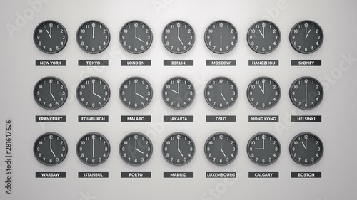 Many Round Clocks Are Going And Showing Different Time For Different Cities Around The WWhite Wall Behind. Clock Face Timelapse 60fps Animation.