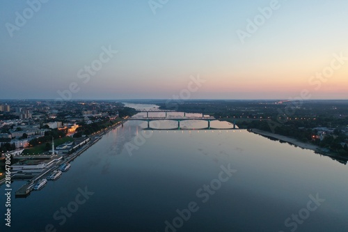 Aerial photo of bridges over the river on the dawn