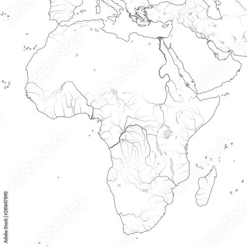 World Map of AFRICA: Egypt, Libya, Ethiopia, Arabia, Mauritania, Nigeria, Somalia, Namibia, Tanzania, Madagascar. Geographic XXL-chart of Ancient continent with oceanic coastline, landscape & rivers.