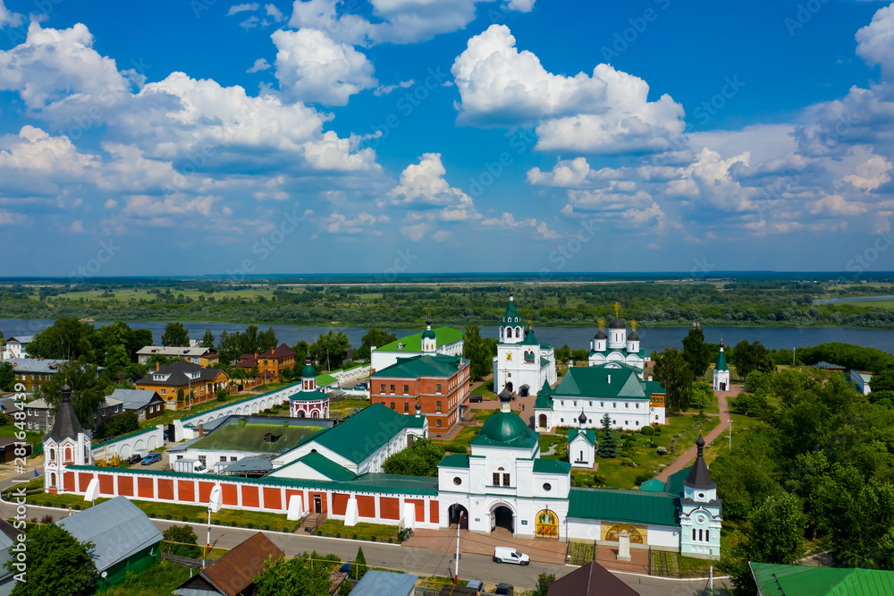 Aerial drone view of Murom Spaso-Preobrazhensky monastery, Russia Vladimir region
