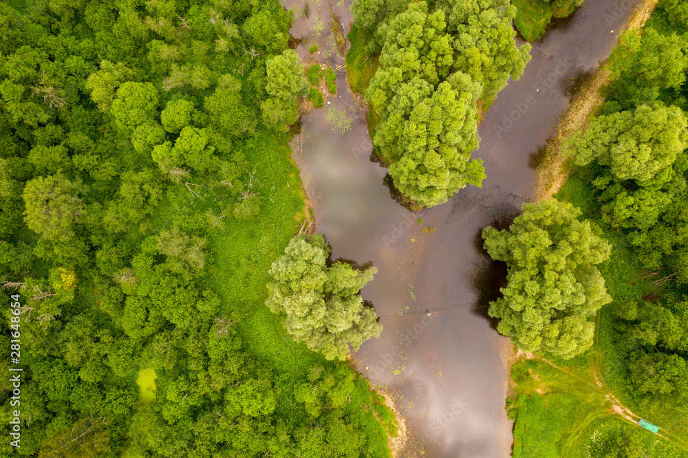 Aerial drone view of river cutting trough forest