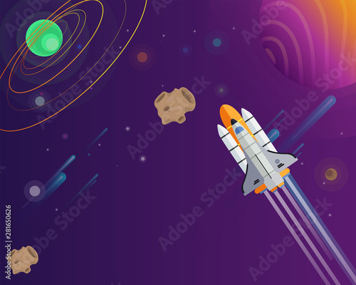 Vector illustration on the topic of outer space, interstellar travels, universe and distant galaxies