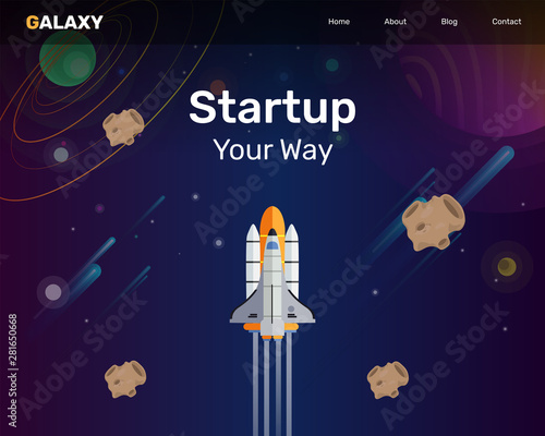  Website landing home page with rocket. Business project startup and development modern flat background. Mobile web design template. Web banner design. Startup concept