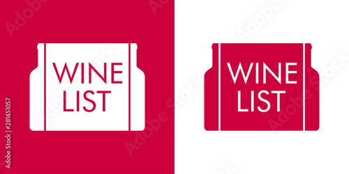 Logotipo abstracto con texto WINE LIST con botellas en etiqueta en rojo y blanco