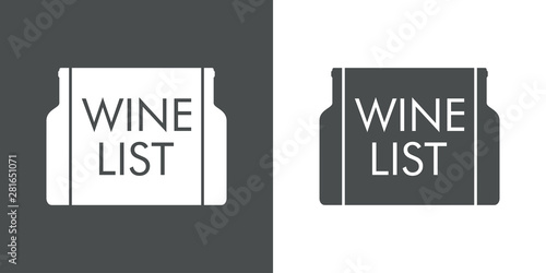 Logotipo abstracto con texto WINE LIST con botellas en etiqueta en gris y blanco