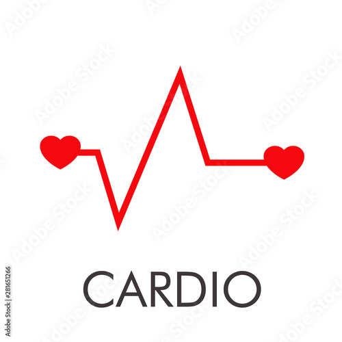 Logotipo abstracto con texto CARDIO con latido lineal con corazones en color rojo