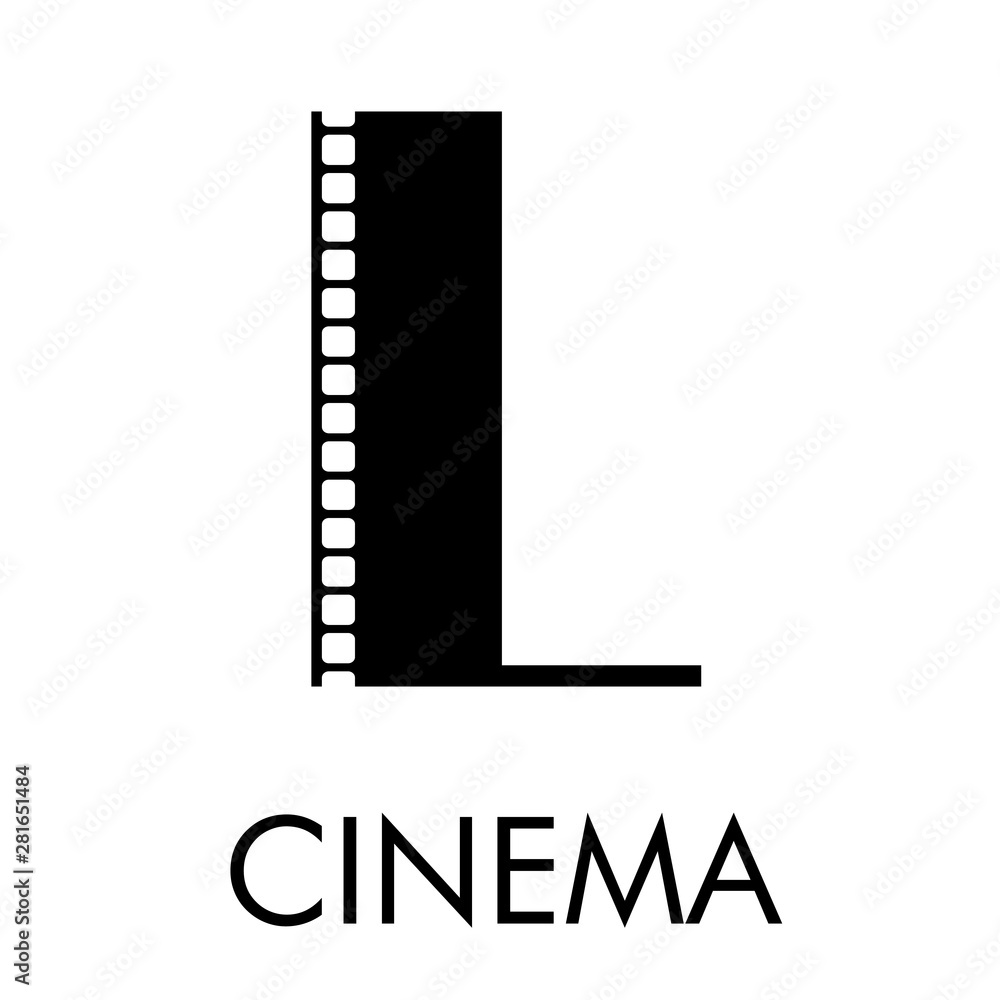 Logotipo con texto CINEMA con letra L como tira de película en color negro