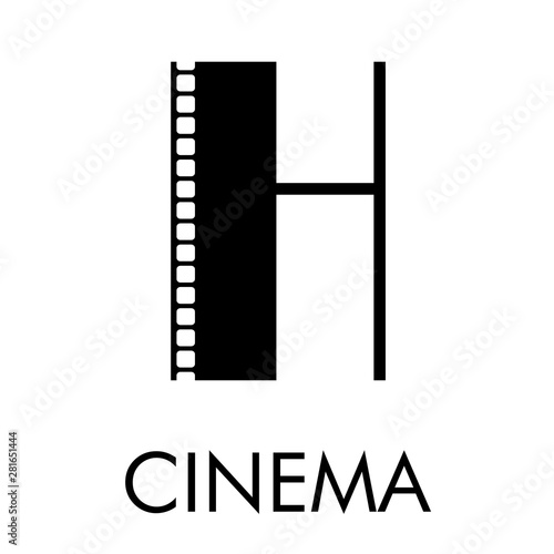 Logotipo con texto CINEMA con letra H como tira de película en color negro