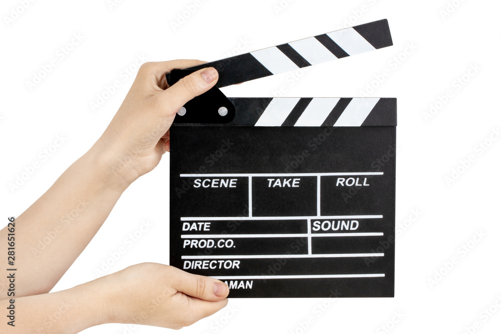 Hands holding clapper board  isolated on white with clipping path