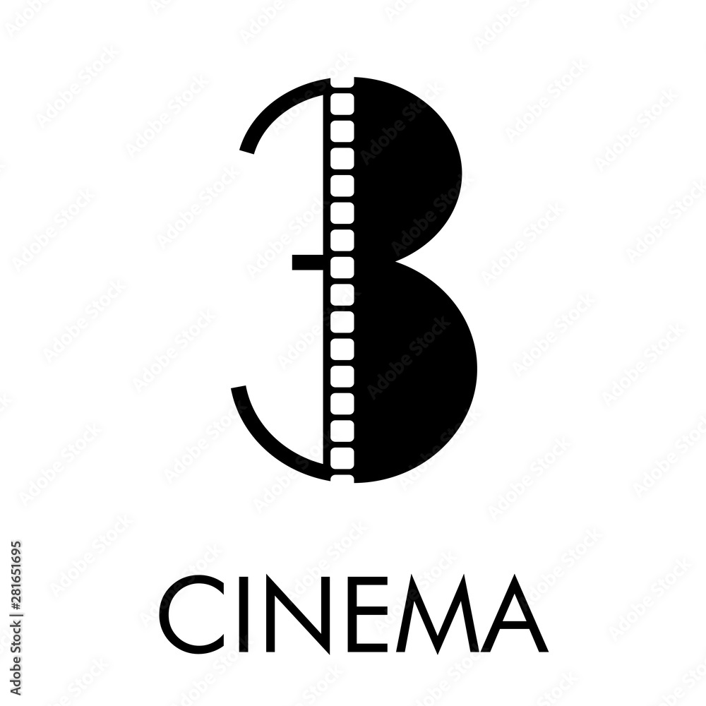 Logotipo con texto CINEMA con número 3 como tira de película en color negro
