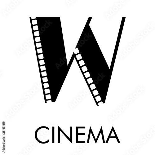 Logotipo con texto CINEMA con letra W como tira de película en color negro