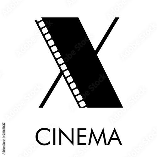Logotipo con texto CINEMA con letra X como tira de película en color negro