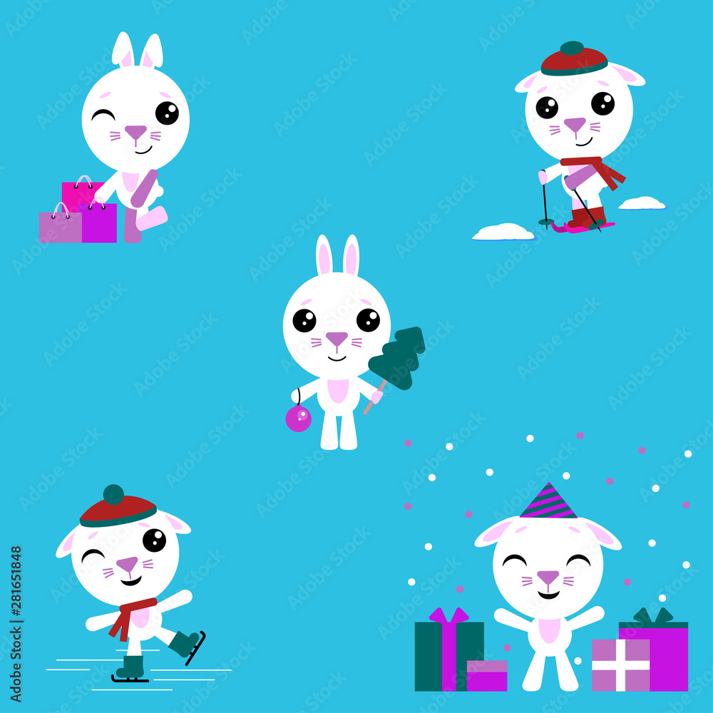 Cartoon rabbit. The set consists of a bunny who skate and ski, makes purchases, celebrates a birthday, celebrates the new year. Cartoon rabbit. The set consists of a bunny who skate and ski, makes purchases, celebrates a birthday, celebrates the new year.