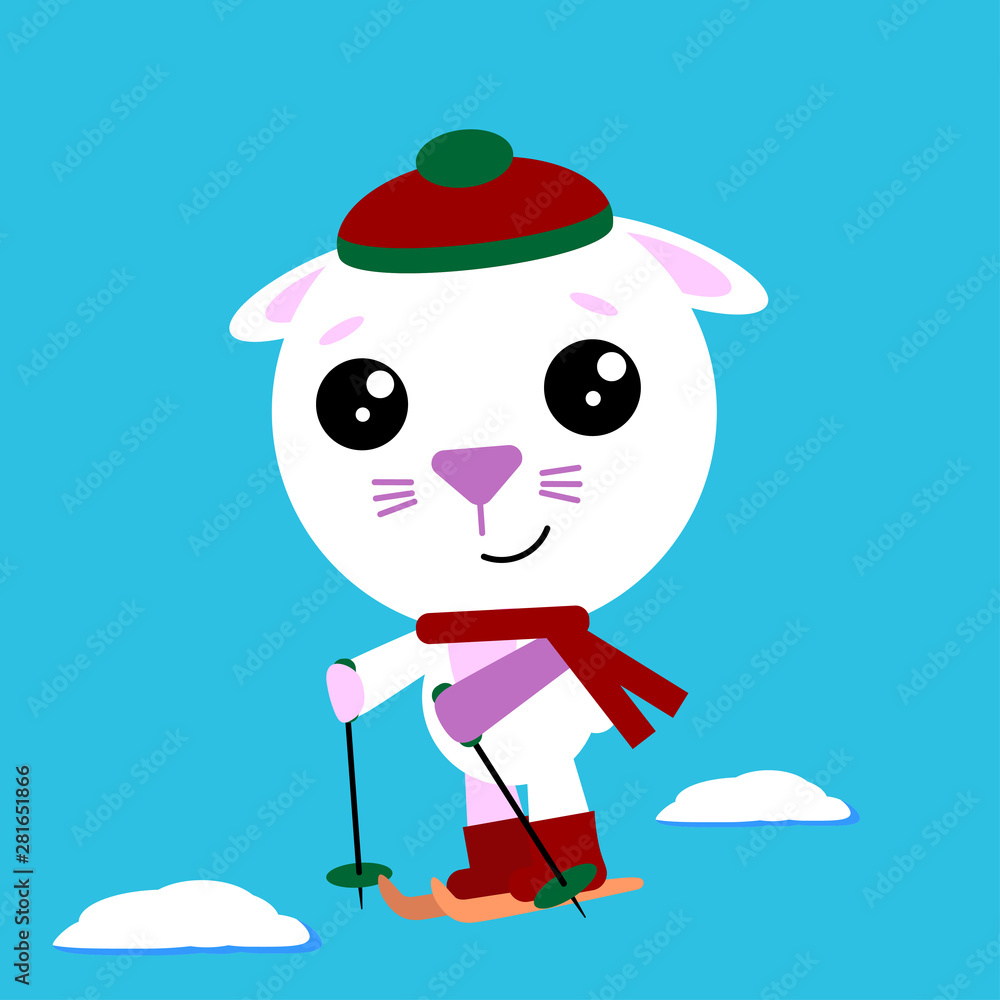 Bunny in cozzy hat and scarf skiing. Winter activities sport. Christmas rabbit, cartoon vector illustration. Bunny in cozzy hat and scarf skiing. Winter activities sport. Christmas rabbit, cartoon vector illustration.