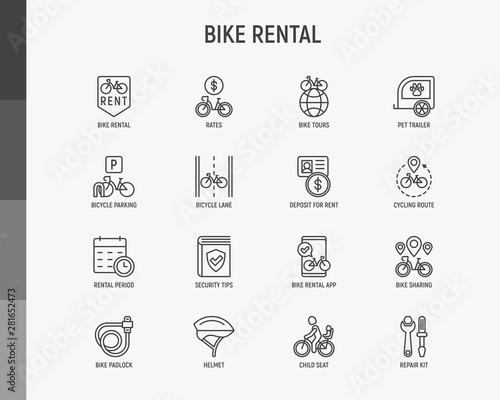 Bike rental thin line icons set: rates, bicycle tours, pet trailer, padlock, helmet, child seat, sharing, pointer, deposit, mobile app, cycling route. Modern vector illustration.