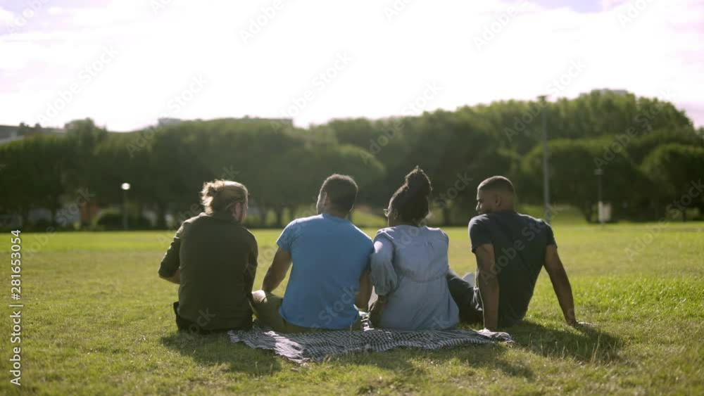 Happy friends sitting on green lawn and talking. Back view of young people communicating during coffee break on meadow. Communication concept Happy friends sitting on green lawn and talking. Back view of young people communicating during coffee break on meadow. Communication concept