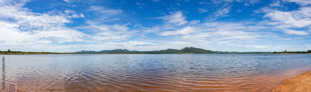 Panorama of Huay Mai Teng reservoir with beautiful blue sky and clouds in Ratchaburi Province Panorama of Huay Mai Teng reservoir with beautiful blue sky and clouds in Ratchaburi Province