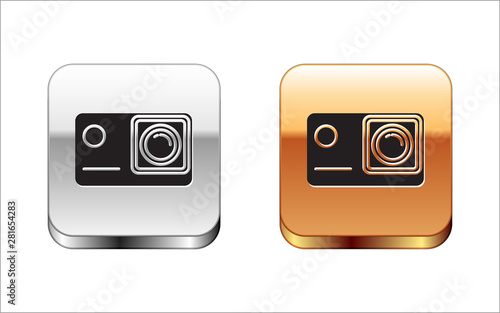 Black Action extreme camera icon isolated on white background. Video camera equipment for filming extreme sports. Silver-gold square button. Vector Illustration