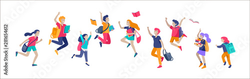 Happy school children joyfully jumping and laughing isolated on white background. Concept of happiness, gladness and fun. Vector illustration for banner, poster, website