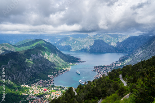 Foto Montenegro, Houses of kotor bay city from above surrounded by majestic mountains