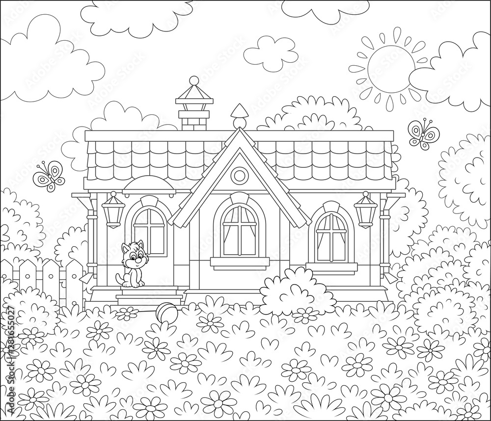 Small village house and a cute little kitten watching funny butterflies flittering among flowers on a lawn on a sunny summer day, black and white vector illustration in a cartoon style for a coloring 