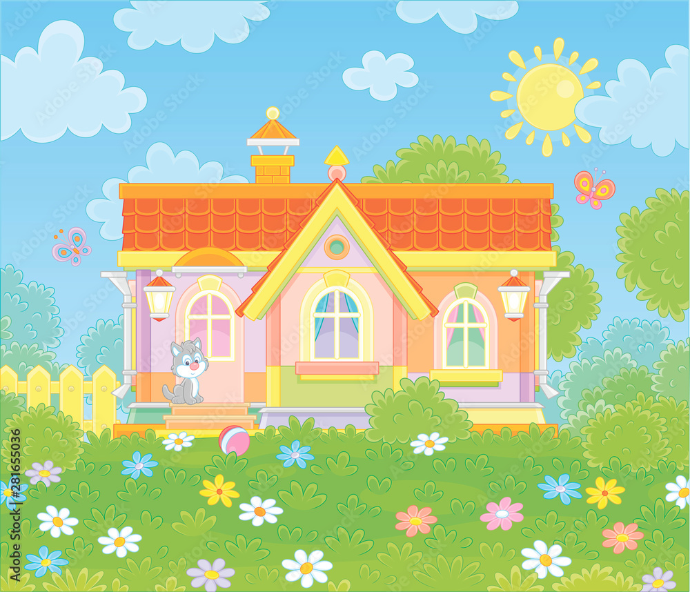 Colorful village house and a cute grey kitten watching funny butterflies flittering among flowers on green grass of a lawn on a sunny summer day, vector illustration in a cartoon style