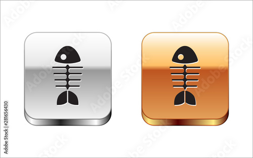 Black Fish skeleton icon isolated on white background. Fish bone sign. Silver-gold square button. Vector Illustration