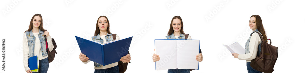 Pretty student holding textbooks isolated on white Pretty student holding textbooks isolated on white