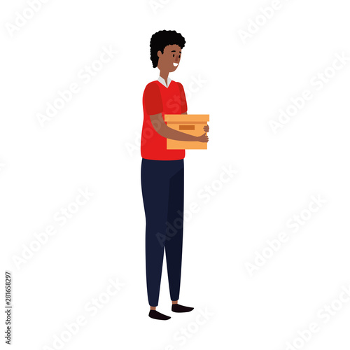 afro businessman worker lifting carton box