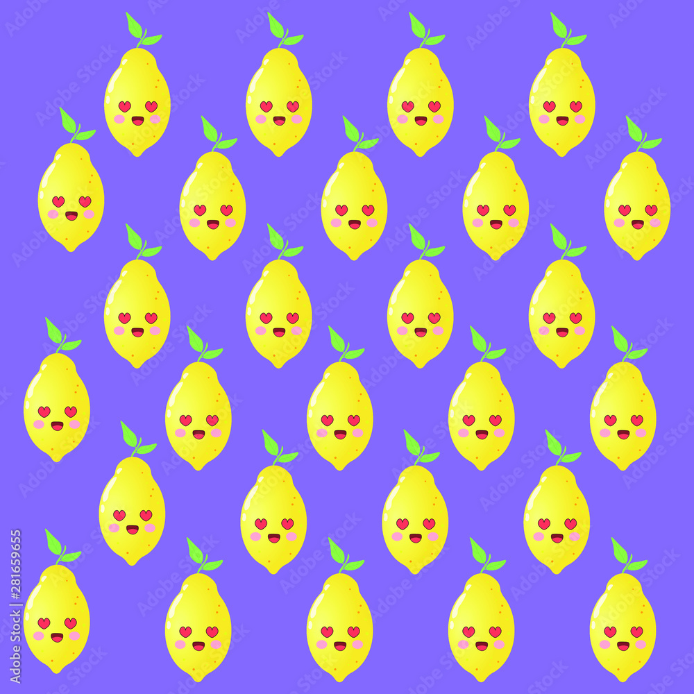 Vector illustration. Cute, bright, beautiful pattern with lemons. Lemons with kawaii emotions. Purple background. Vector illustration. Cute, bright, beautiful pattern with lemons. Lemons with kawaii emotions. Purple background.