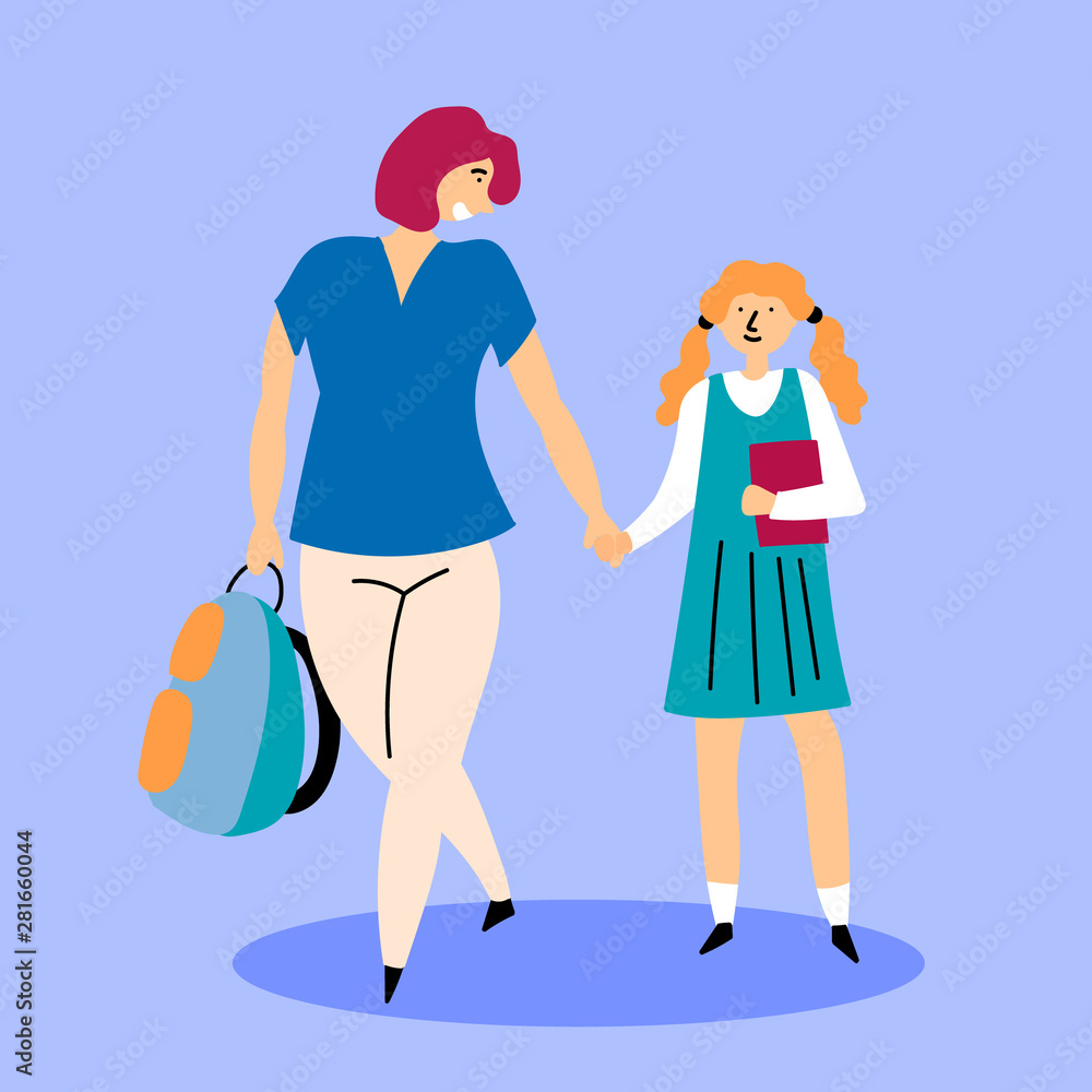 Mom escorts daughter to study in first grade. Back to school. Editable Vector Illustration Mom escorts daughter to study in first grade. Back to school. Editable Vector Illustration
