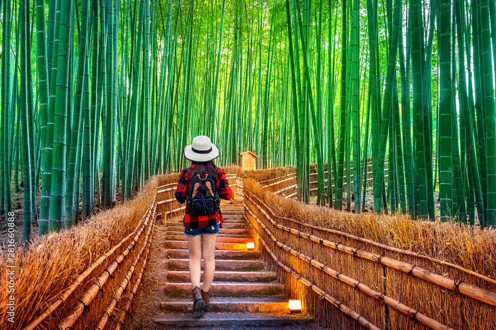 Fototapeta Woman traveler with backpack walking at Bamboo Forest in Kyoto, Japan.