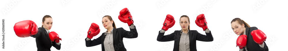 Businesswoman with boxing gloves isolated on white Businesswoman with boxing gloves isolated on white