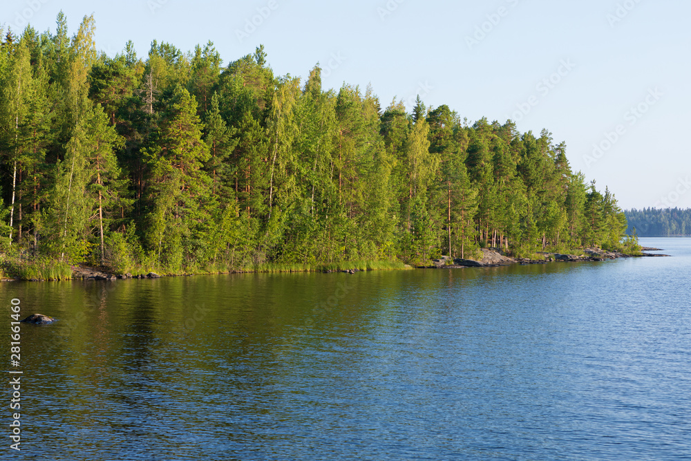 Naklejka premium Summer morning lake landscape in Finland