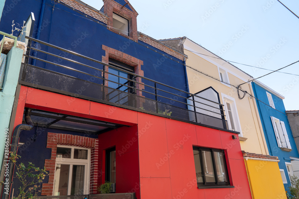 different colors houses in fisherman village of Trentemoult at Nantes France