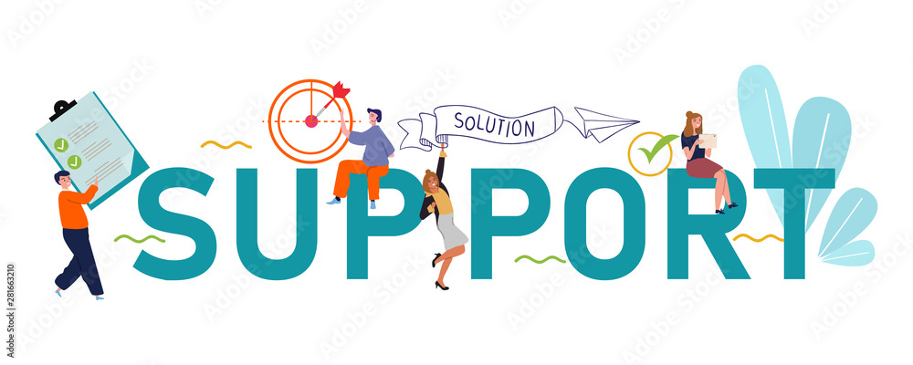 support team bring solution teamwork on client problem. Large text concept businessman illustration.