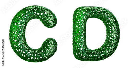 Realistic 3D letters set C, D made of green plastic.