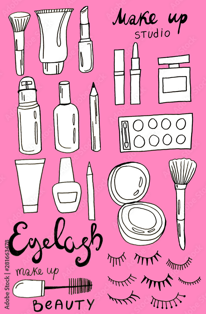 Beauty glamour cosmetics make up. Lipstick, mascara, eyelashes. Handwritten lettering. The concept of the problem of pollution. The image of plastic objects. Beauty glamour cosmetics make up. Lipstick, mascara, eyelashes. Handwritten lettering. The concept of the problem of pollution. The image of plastic objects.