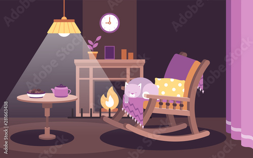 Flat vector illustration of hygge mood a cat who sleeps in a rocking chair near the fireplace