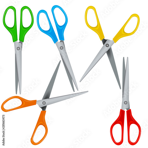 Set of realistic colorful scissors with plastic handles isolated on white background, open and closed. Clip art