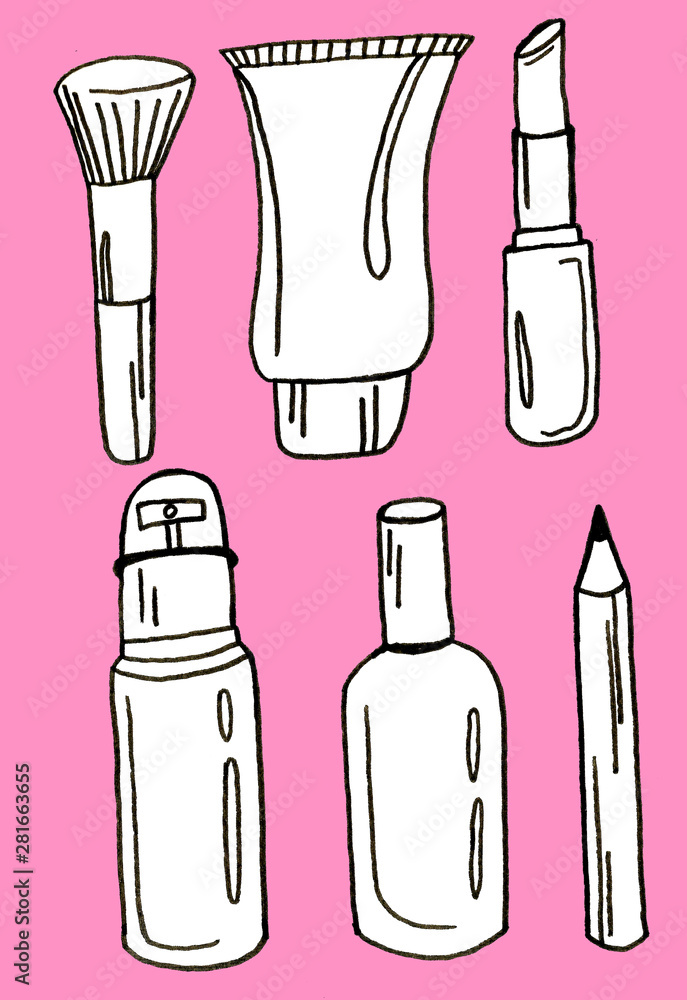 Beauty glamour cosmetics make up. Lipstick, mascara, eyelashes. Handwritten lettering. The concept of the problem of pollution. The image of plastic objects. Beauty glamour cosmetics make up. Lipstick, mascara, eyelashes. Handwritten lettering. The concept of the problem of pollution. The image of plastic objects.